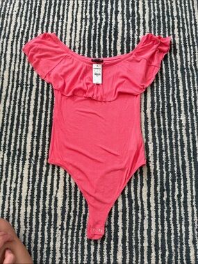 Express Girls' Coral Pink Ruffle Off-Shoulder Bodysuit